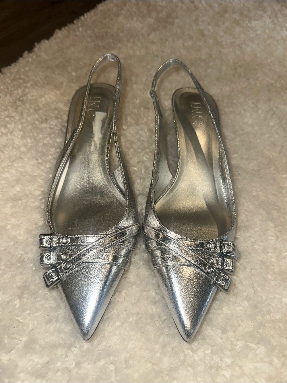 INC International Concepts Metallic Silver Pointed Slingback Flats